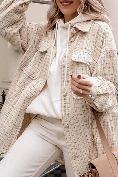 Casual Plaid Pocket Buckle Turndown Collar Outerwear