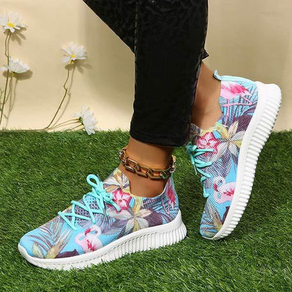 Women's Flat Lace-Up Flying Woven Breathable Printing Graffiti Casual Sneakers 43665814C