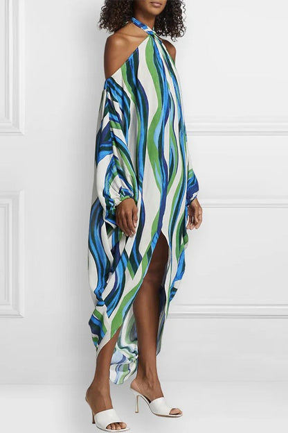 Sexy Vacation Striped Contrast Halter Irregular Dress Dresses