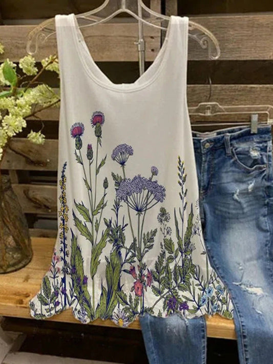 Casual Style Round Neck Sleeveless Loose Floral Top