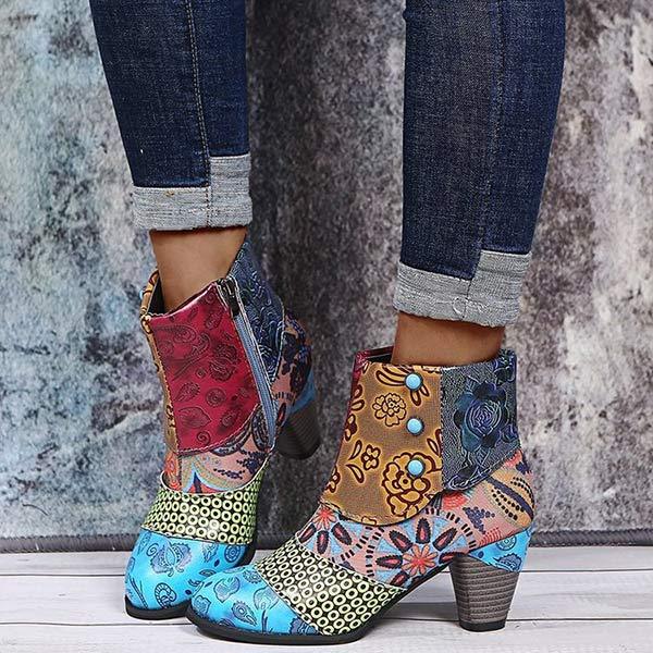 Women'S High Heel Block Heel Print Ankle Boots 98466130