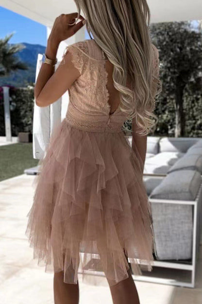 Sweet Elegant Solid Mesh V Neck Irregular Dress Dresses