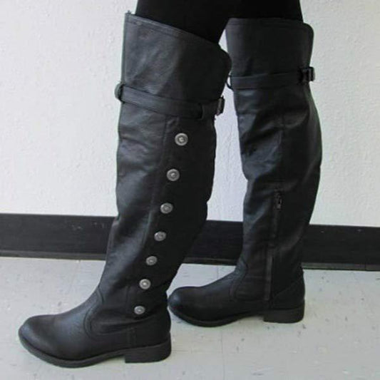 Women's Low Heel Over-the-Knee Boots with Metal Belt Buckle and Side Zipper 99186421C