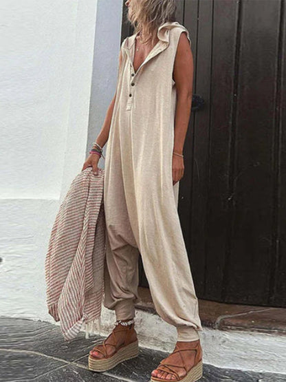Women's Half Button Hooded Sleeveless Jumpsuit