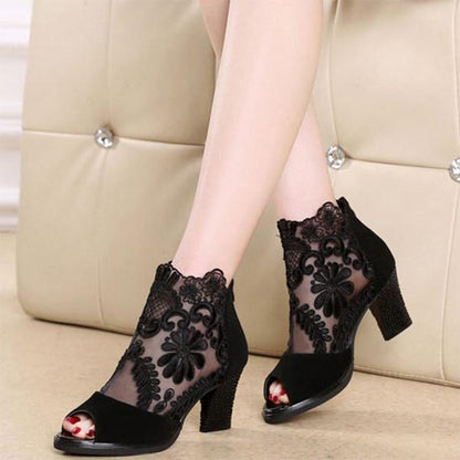 Women'S Chunky Heel Open Toe Lace Sandals 29617810