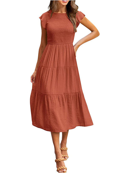 Women's Smocked Ruffle Butterfly Sleeve A-Line Midi Dress