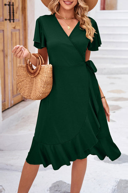 Elegant Simplicity Solid Frenulum Asymmetrical V Neck Irregular Dress Dresses