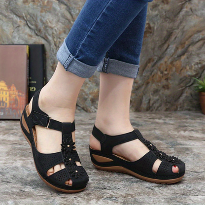 Faux Leather Hook & Loop Sandals - Women's Open Toe Casual Shoes