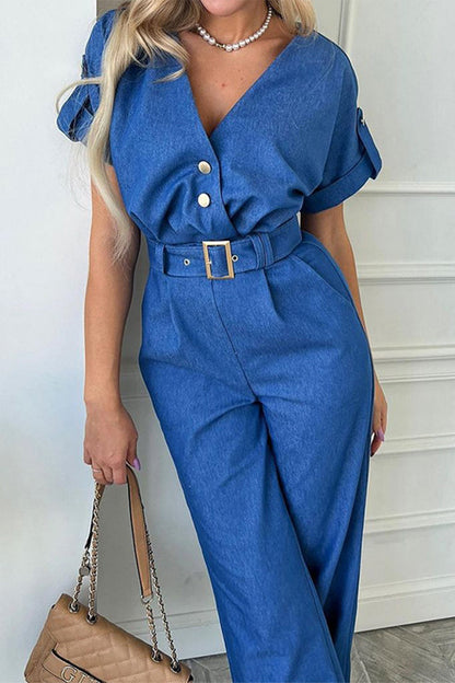 Work Street Solid With Belt V Neck Regular Jumpsuits