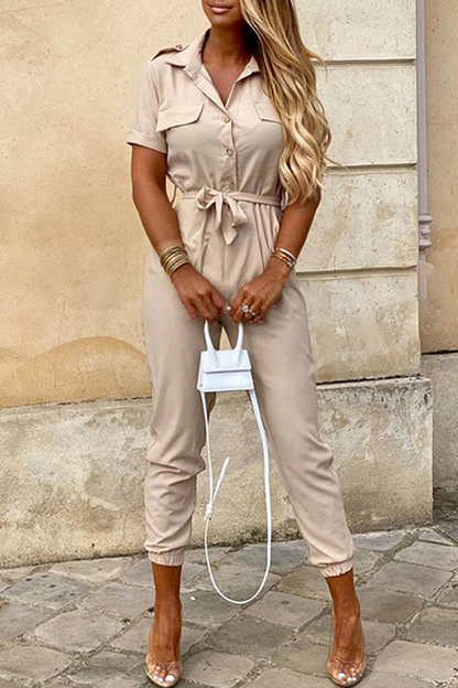 Casual Solid Buckle With Belt Turndown Collar Jumpsuits(12 Colors)