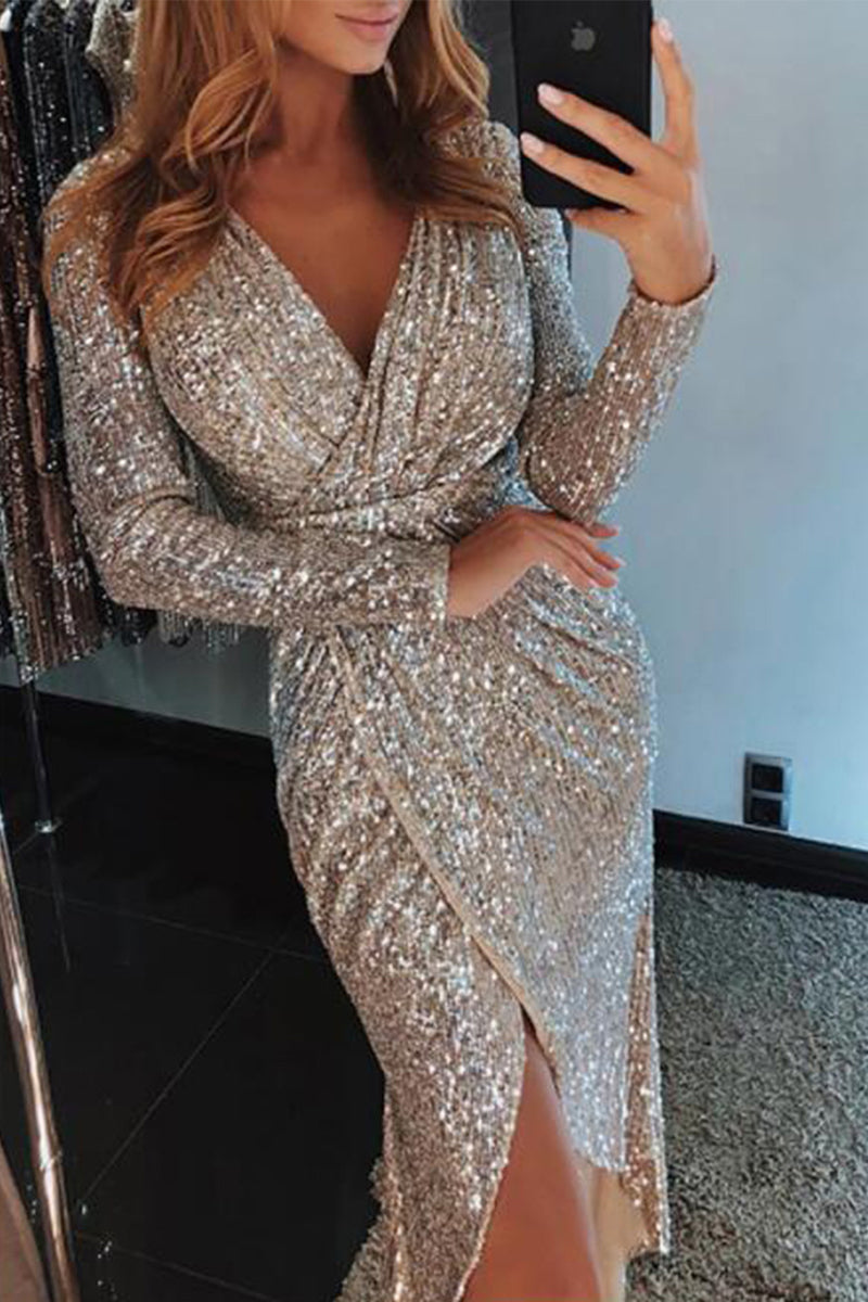 Sexy Elegant Solid Sequins V Neck A Line Dresses(8 Colors)