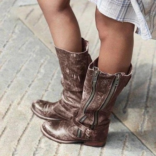 Belt Buckle Round Toe Knight Boots