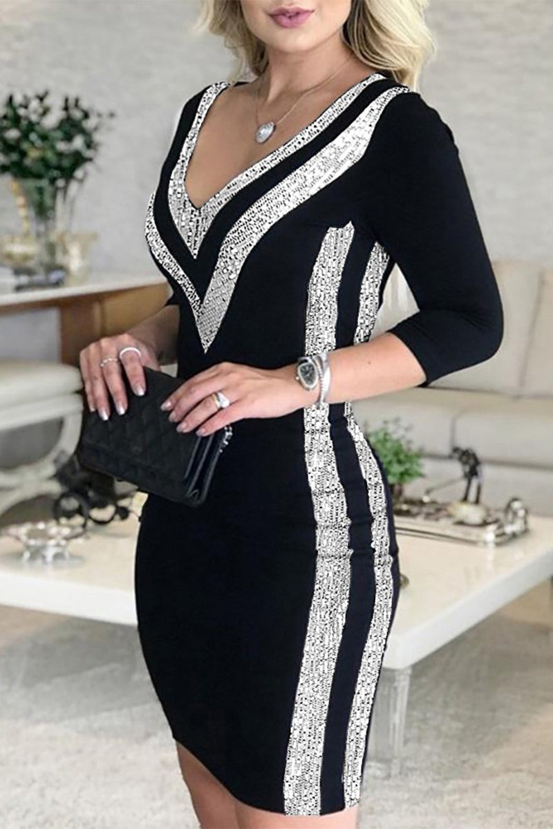 Striped Bead tube V Neck Sheath Dresses