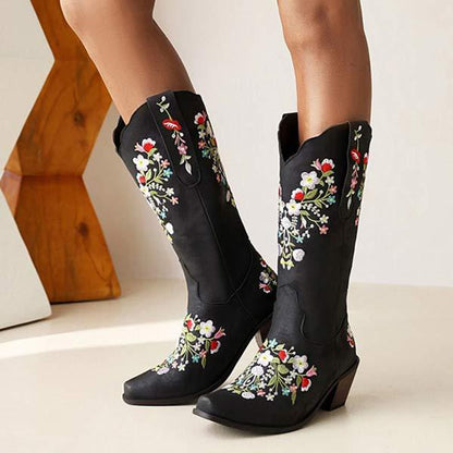 Women's Embroidered Floral Cowboy Boots with Chunky Heel and Pull-on High Shaft 86699639C