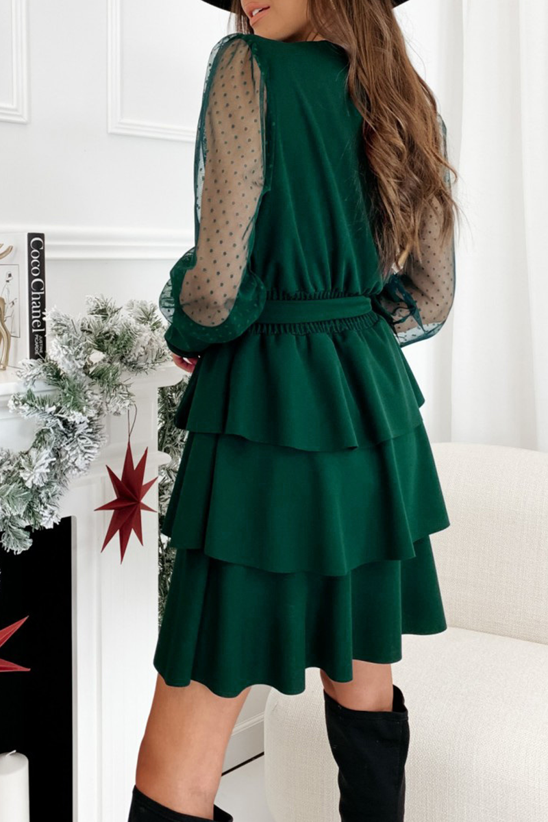 Casual Solid Mesh V Neck Cake Skirt Dresses(3 colors)