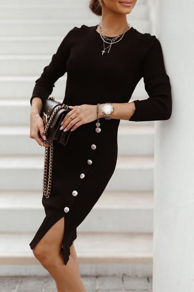 Elegant Solid Buckle O Neck One Step Skirt Dresses