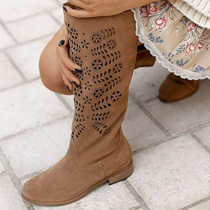 Women's Comfortable Low Heel Embossed Suede High-Calf Boots 99568027C