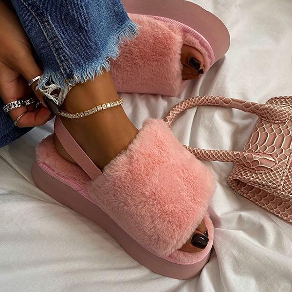 Velcro Fur Platform Slippers