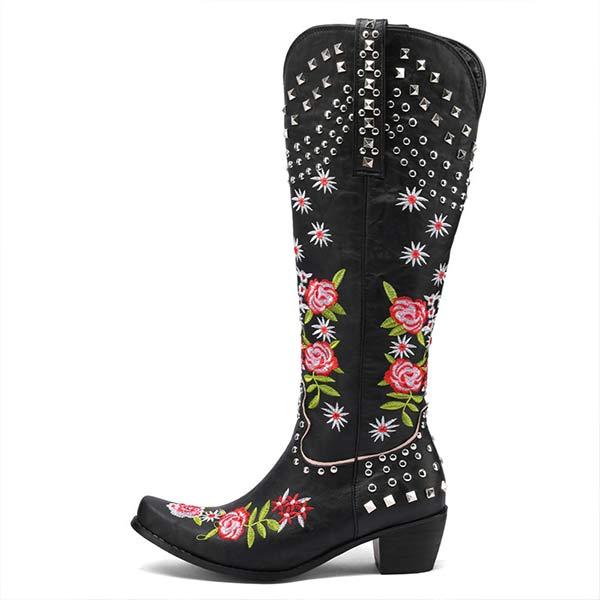 Women's Embroidered Studded High-Calf Mid-Heel Cowboy Boots 61919210C