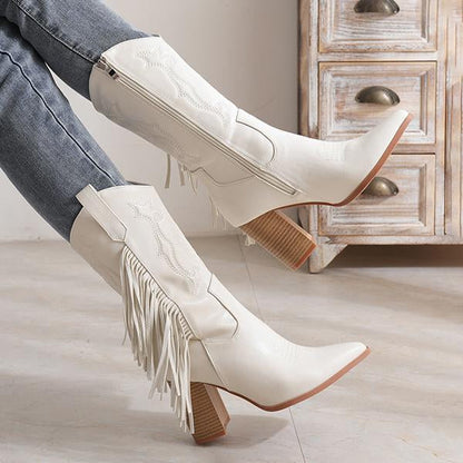 Women's Fashion Pointed Toe Tassel Chunky Heel Boots 72312603S