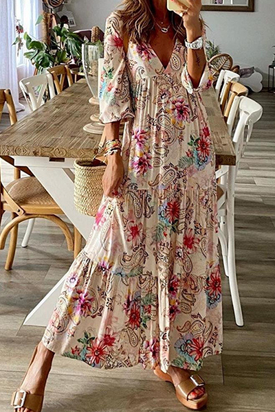 Casual Print Split Joint Flounce V Neck Cake Skirt Dresses