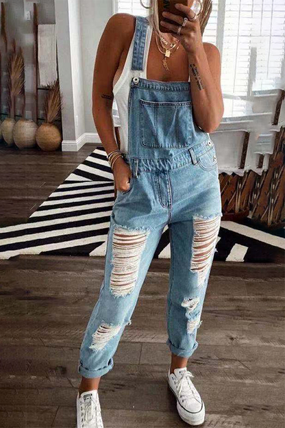 Street Solid Tassel Ripped Jumpsuits