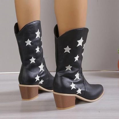 Women's Fashion Casual Star Chunky Heel Mid-calf Boots 79504262S