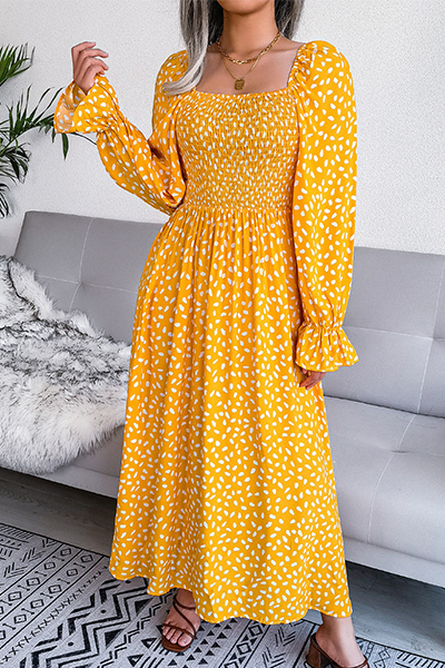 Elegant Print Flounce Fold Square Collar Dresses