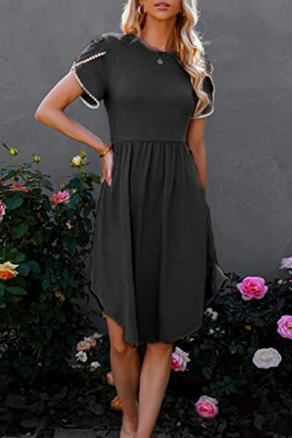 Casual Solid Split Joint O Neck Waist Skirt Dresses(5 colors)