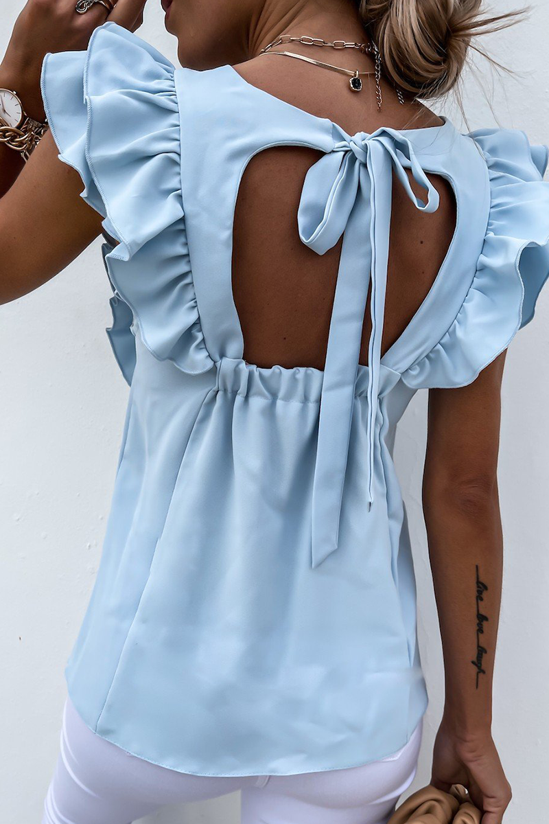 Casual Solid Flounce O Neck Tops