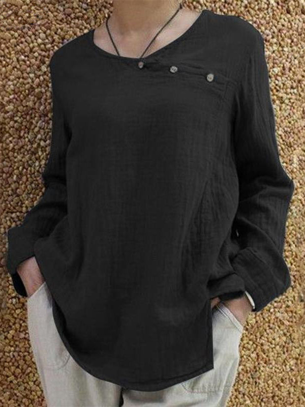 Women's Solid Color Round Neck Long Sleeved Casual Linen Top