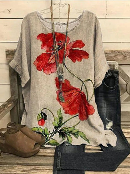 Crew Neck Floral Casual Red Flower Batwing Sleeve Slit Tops