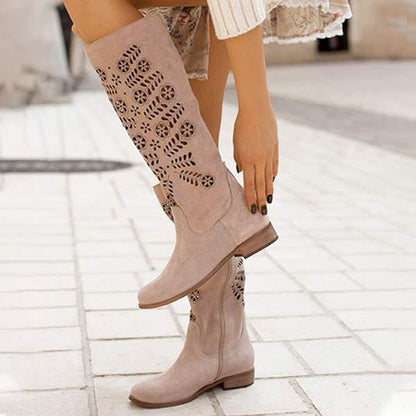 Women's Comfortable Low Heel Embossed Suede High-Calf Boots 99568027C