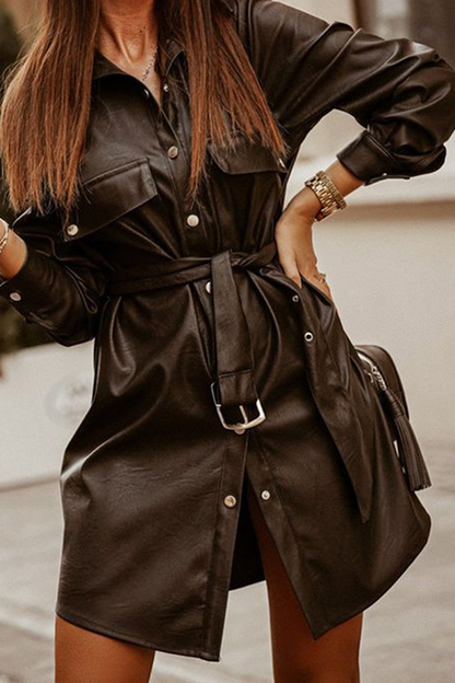 Fashion Street Solid Buckle With Belt Turndown Collar Dresses