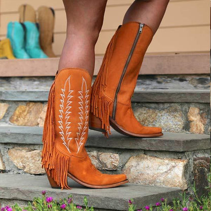 Women's Chunky Heel Side Zipper Tassel Cowboy Boots 85245484C