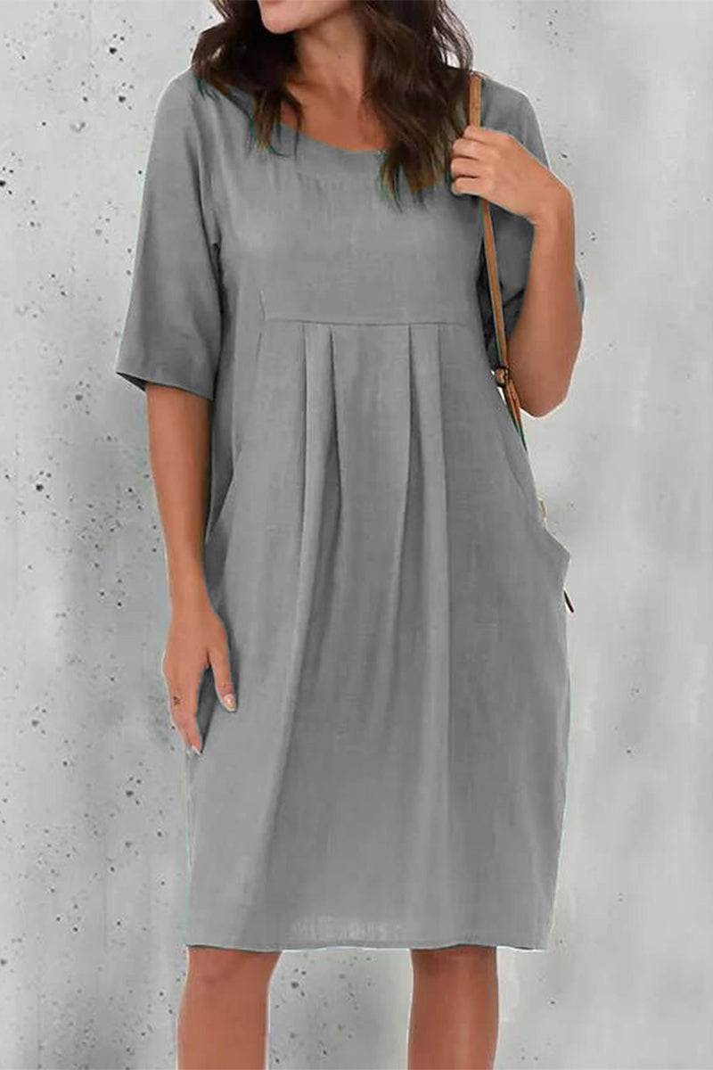 Casual Solid Fold O Neck Short Sleeve Dress Dresses