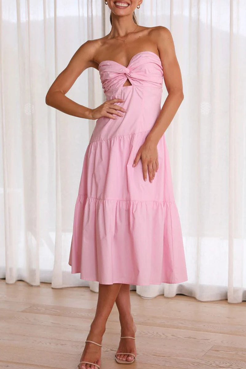 Sweet Elegant Solid Fold Strapless Waist Skirt Dresses