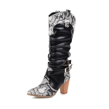 Women's Fashion Snake Pattern Chunky Heel High Boots 81857786S