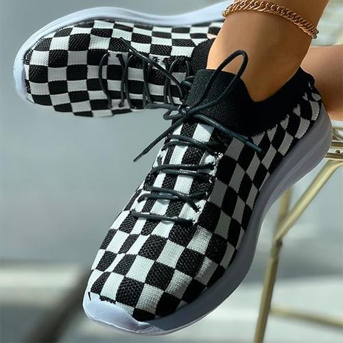 Argyle Pattern Knit Lace-Up Casual Sneakers