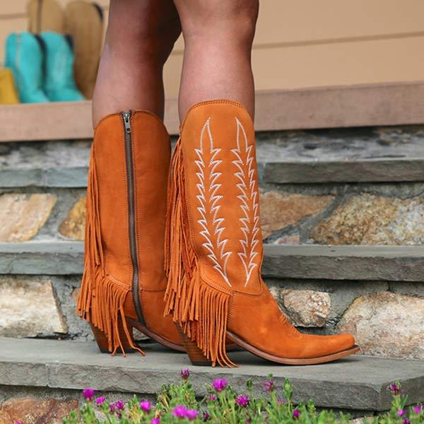 Women's Chunky Heel Side Zipper Tassel Cowboy Boots 85245484C