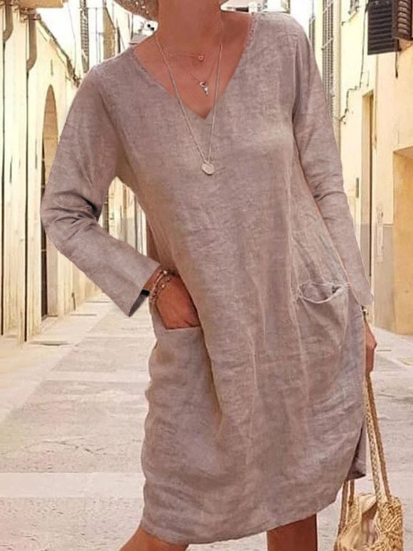 Loose V-Neck Long Sleeve Solid Color Linen Dress