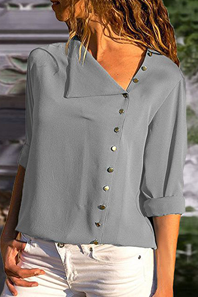 Elegant Solid Patchwork Buckle Oblique Collar Tops(7 Colors)