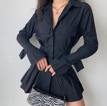 Trumpet Sleeve Button Up Dress