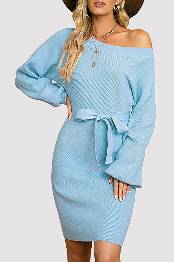 Fashion Elegant Solid Split Joint With Belt Oblique Collar Wrapped Skirt Dresses