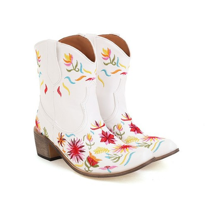 Embroidered Flowers Low-Heel Boots