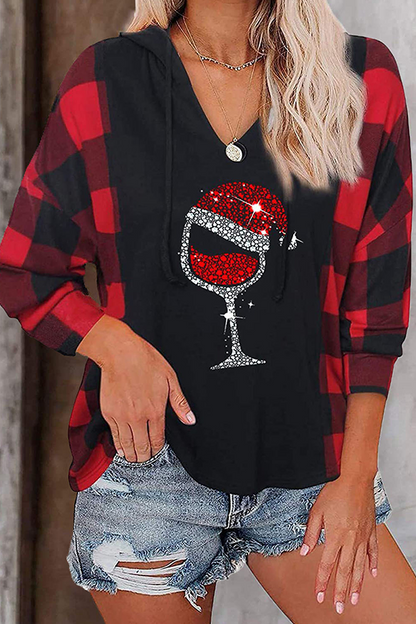 Casual Plaid Print Draw String Hooded Collar Tops