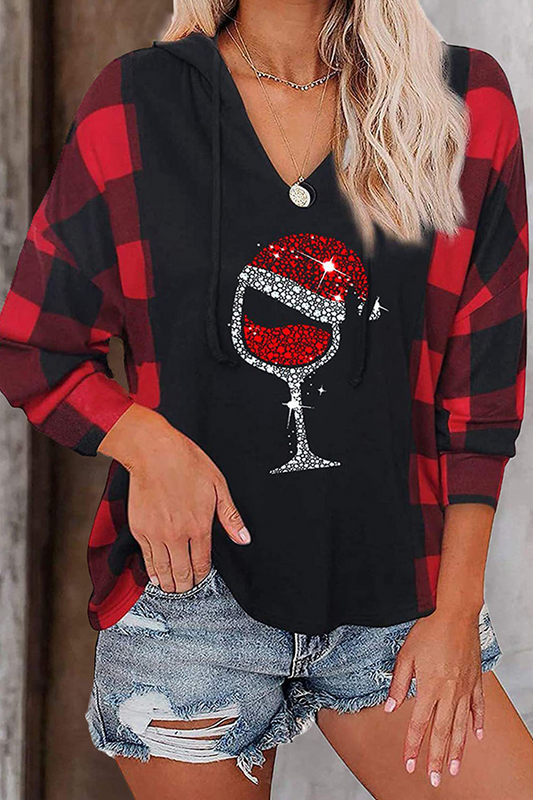Casual Plaid Print Draw String Hooded Collar Tops