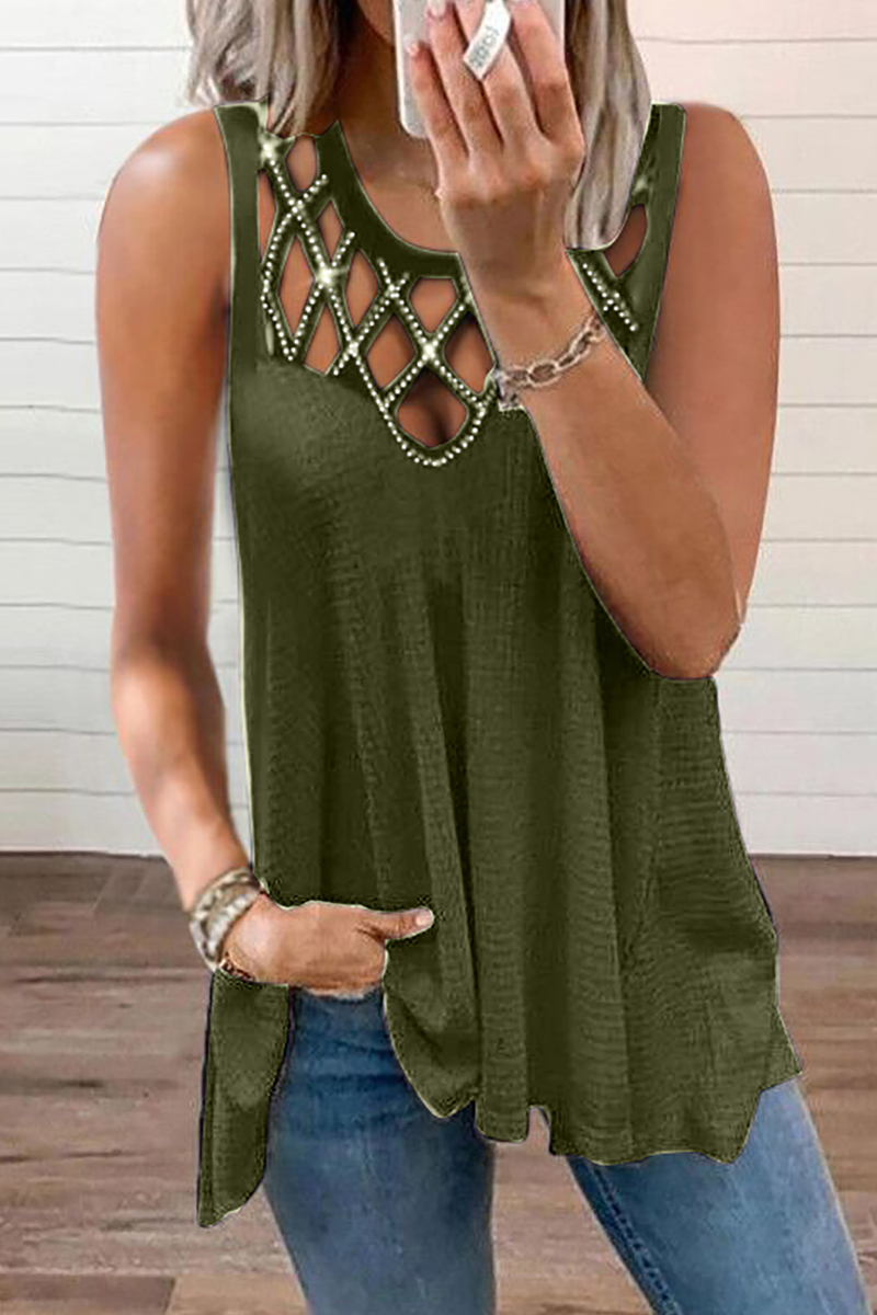 Casual Solid Hollowed Out O Neck Tops