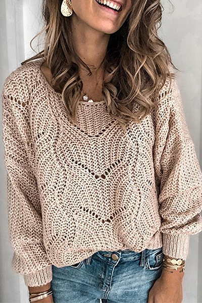 Casual Solid Hollowed Out Split Joint O Neck Tops