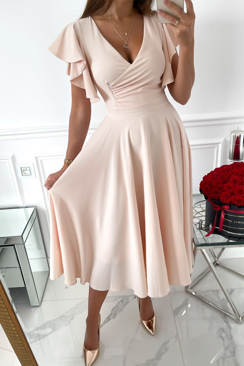 Casual Solid Flounce V Neck Cake Skirt Dresses(3 colors)